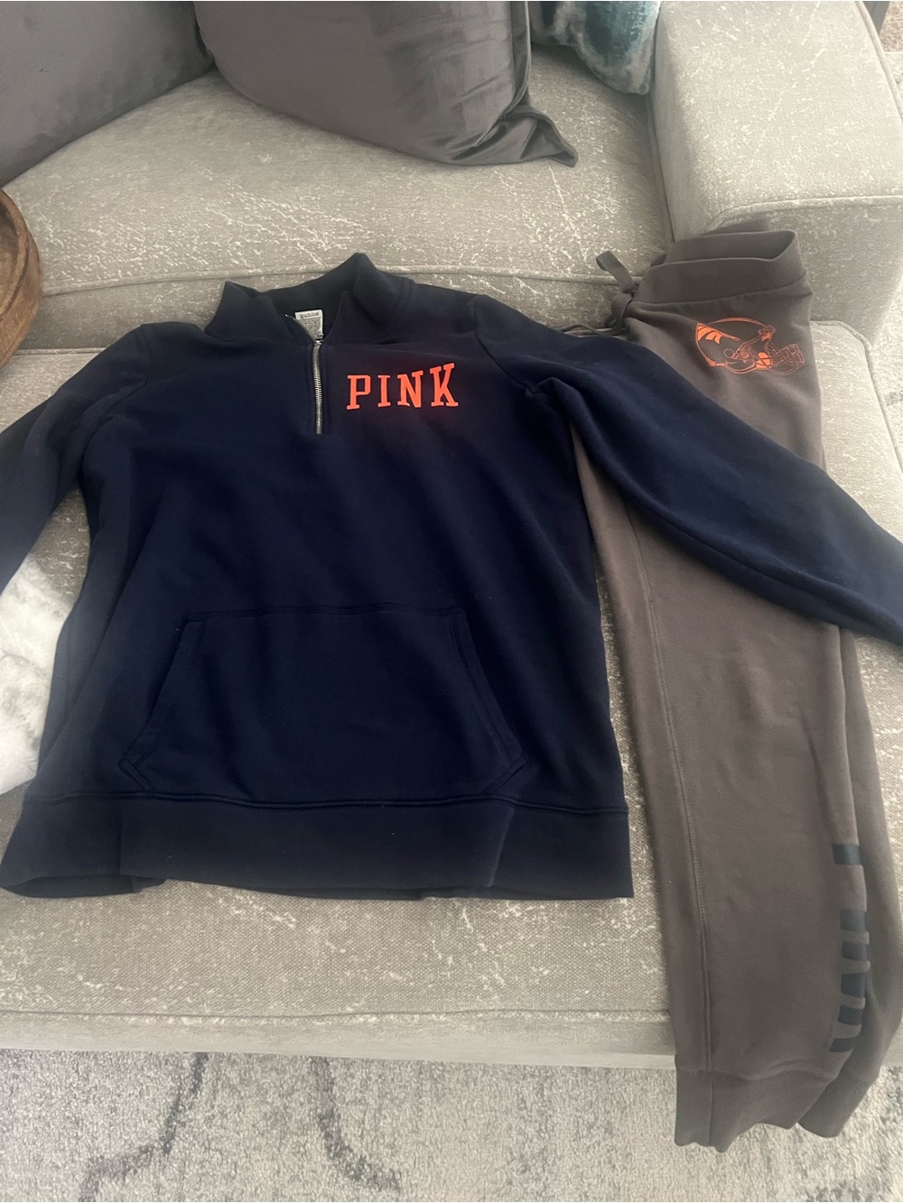PINK Victoria's Secret Denver Broncos Navy & Gray Sweatpants with Orange Logo - Picture 3 of 3